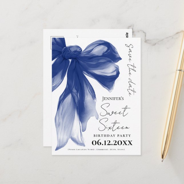 Postal Cumpleaños Dulce 16 Navy Bow Coquette Save the Dat (Anverso/Reverso In Situ)