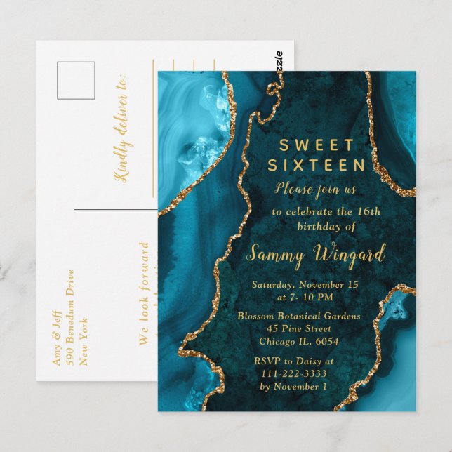 Postal Cumpleaños Dulces Dieciséis Mármol Ágata Azul Teal (Anverso / Reverso)