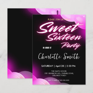 Postal Cumpleaños elegante neon rosa retro negro Sweet 16