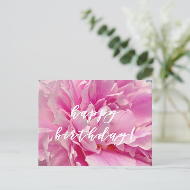 Postal Cumpleaños! Elegantes Peonies Rosados (Anverso de pie)