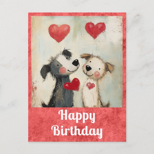 Postal Cumpleaños Feliz Acuarela Cachorro Corazón Bonito (Anverso)