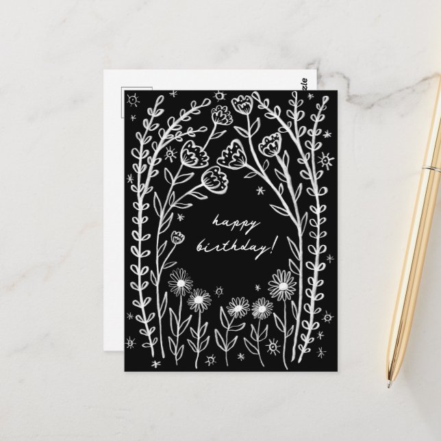 Postal Cumpleaños Feliz Boceto Caprichoso Floral  (Anverso/Reverso In Situ)