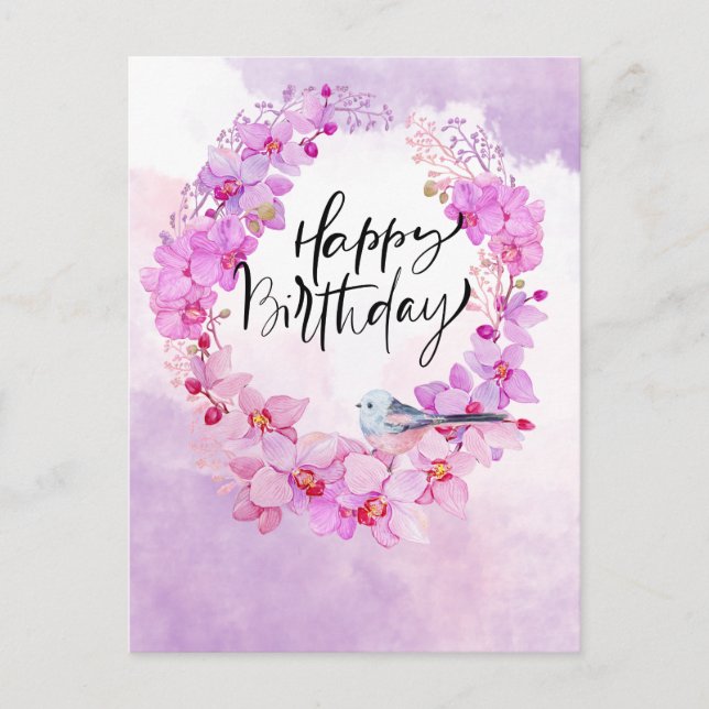 Postal Cumpleaños feliz con la acuarela de orquídea púrpu (Anverso)