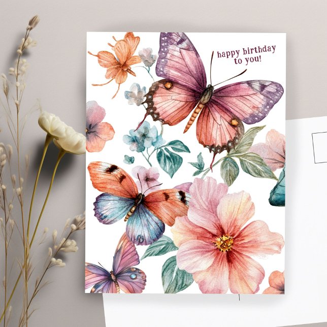 Postal Cumpleaños Feliz con Mariposas y Flores Hermosas  (Beautiful Butterflies and Flowers Happy Birthday Postcard
)