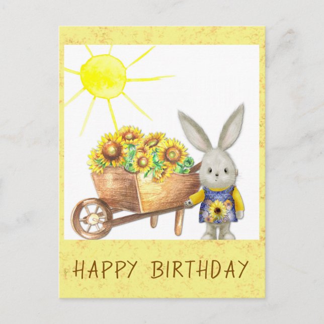 Postal Cumpleaños Feliz Conejito Girasol Adorable (Anverso)