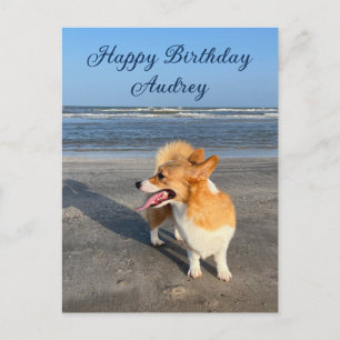 Postal Cumpleaños Feliz Corgi Personalizado de Playa Lind