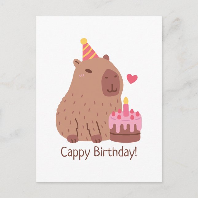 Postal Cumpleaños Feliz de Cappy con Capirote y Torta (Anverso)