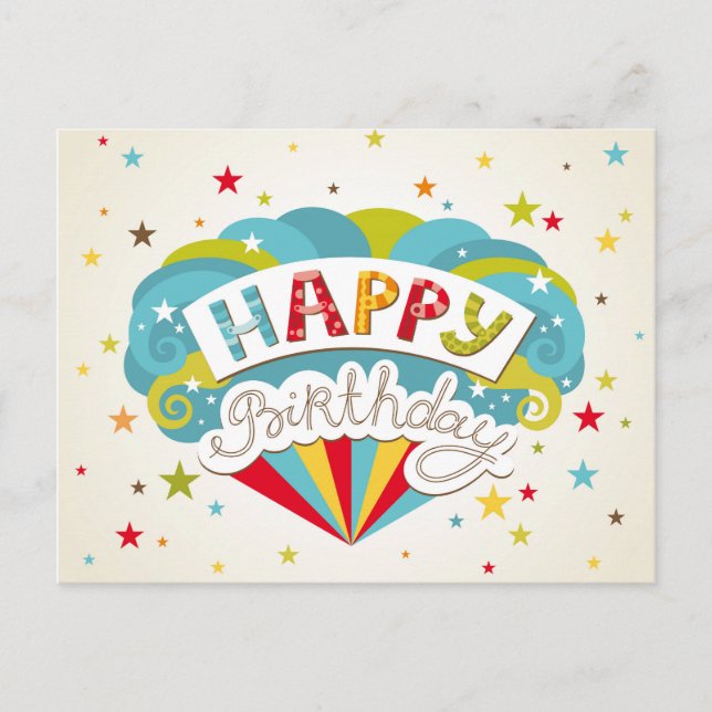 Postal Cumpleaños Feliz Estrellas Retro Coloridas (Anverso)