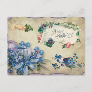 Postal Cumpleaños Feliz Flores Azules Antiguas Nomeolvide