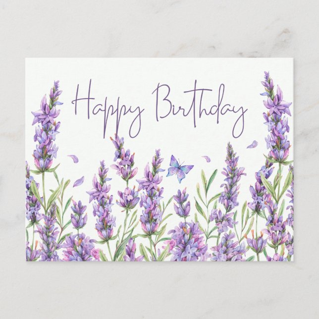 Postal Cumpleaños Feliz Flores de Acuarela Lavanda (Anverso)