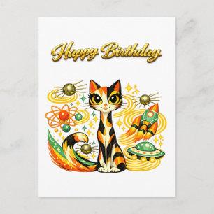 Postal Cumpleaños Feliz Gato Calico de la Era Espacial At