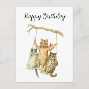 Postal Cumpleaños Feliz Gatos Boho Aquarela Floral Vintag