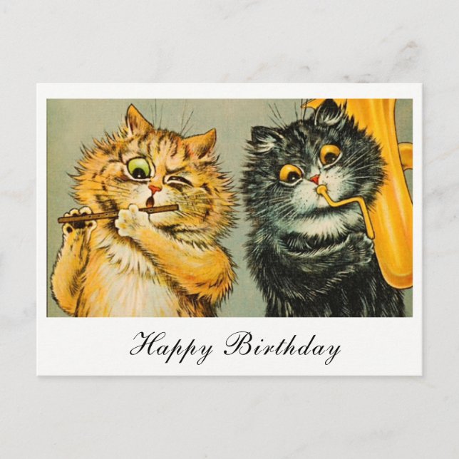 Postal Cumpleaños Feliz Gatos Divertidos Louis Wain Vinta (Anverso)