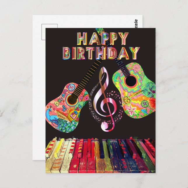 Postal Cumpleaños Feliz Guitarra Piano Arcoíris | (Anverso / Reverso)