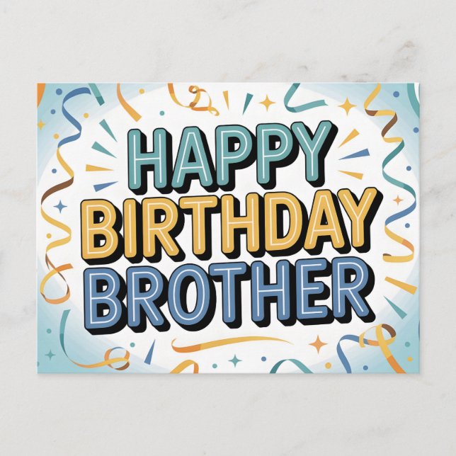 Postal Cumpleaños feliz hermano en azul turquesa y amaril (Anverso)