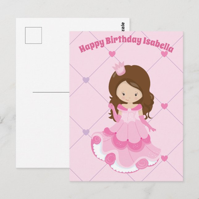 Postal Cumpleaños Feliz Niña Princesa Linda Rosa Personal (Anverso / Reverso)