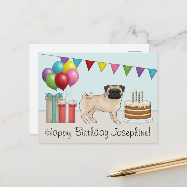 Postal Cumpleaños Feliz Perro Cartoon Adorable Pug Castañ (Anverso/Reverso In Situ)