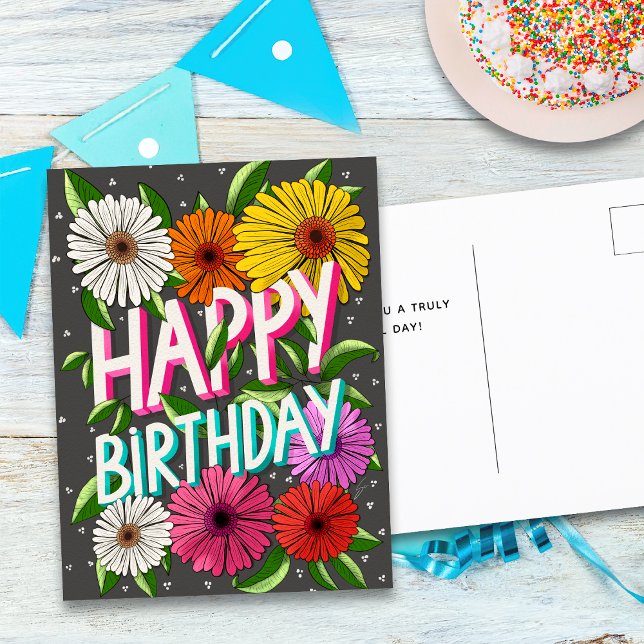 Postal Cumpleaños Feliz Personalizado Floral Gris Carbón (Subido por el creador)