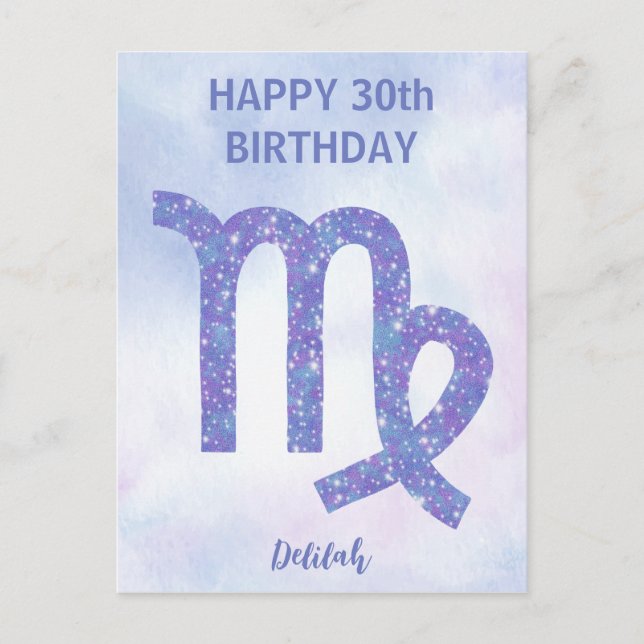 Postal Cumpleaños feliz personalizado signo Virgo lila (Anverso)