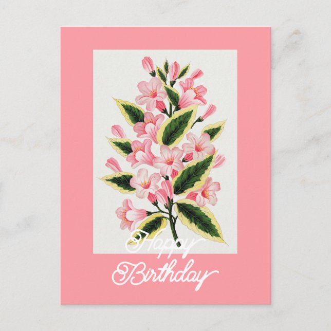 Postal Cumpleaños Feliz Planta Weigela Elegante Vintage (Anverso)