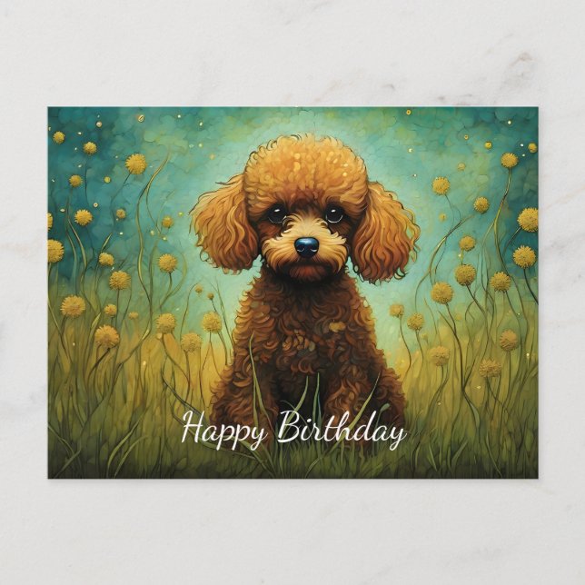 Postal Cumpleaños Feliz Prado de Flores Caniche Lindo (Anverso)