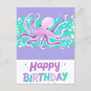 Postal Cumpleaños Feliz Pulpo Morado Lindo Brillante Colo