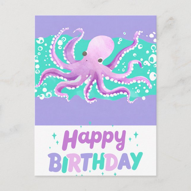 Postal Cumpleaños Feliz Pulpo Purpura Lindo Brillante Col (Anverso)
