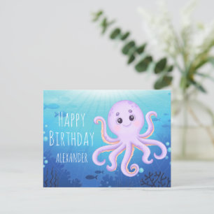Postal Cumpleaños Feliz Pulpo Subacuático Oceánico Lindo