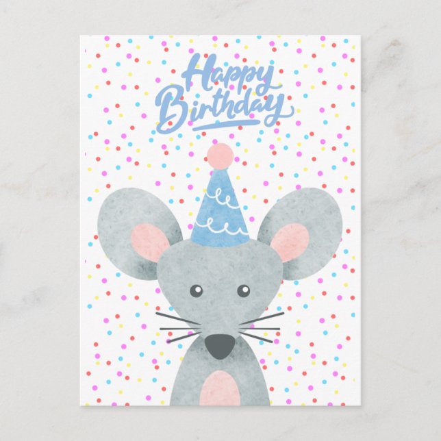 Postal Cumpleaños Feliz Ratón Sombrero de Fiesta Confeti  (Anverso)
