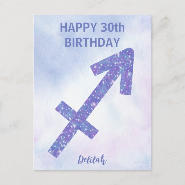 Postal Cumpleaños Feliz Sagitario Personalizado Morado Li (Anverso)