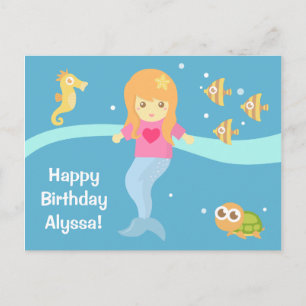 Postal Cumpleaños Feliz Sirenita Adorable Bajo el Agua