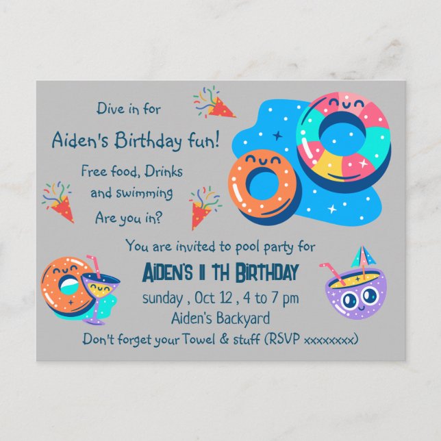Postal Cumpleaños fiesta de piscina para niños (Anverso)