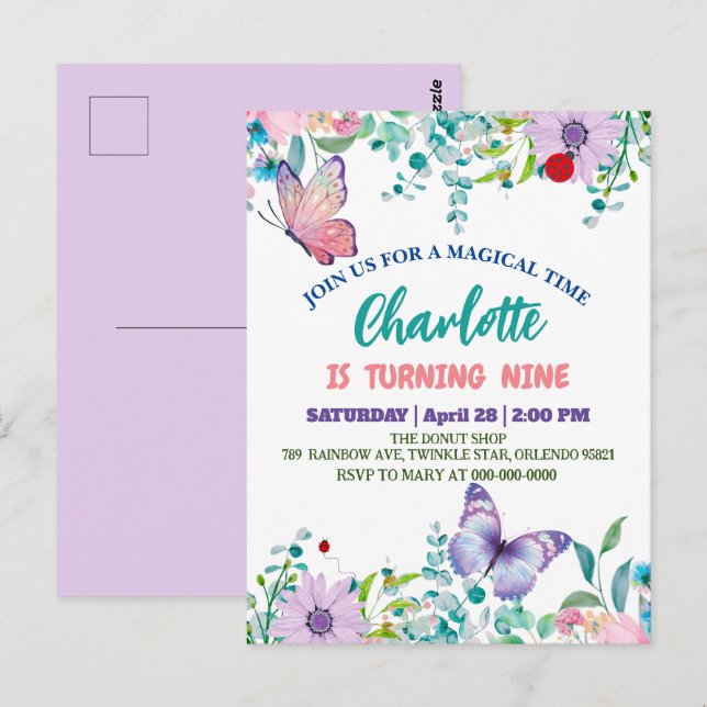 Postal Cumpleaños Flor Mariposa linda de lunares  (Anverso / Reverso)