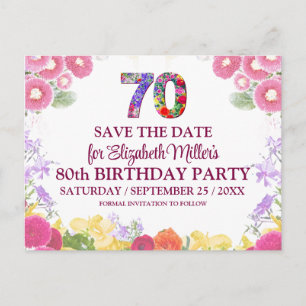Postal Cumpleaños floral 70 Guardar la fecha Rosa