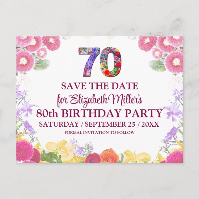 Postal Cumpleaños floral 70 Guardar la fecha Rosa (Anverso)