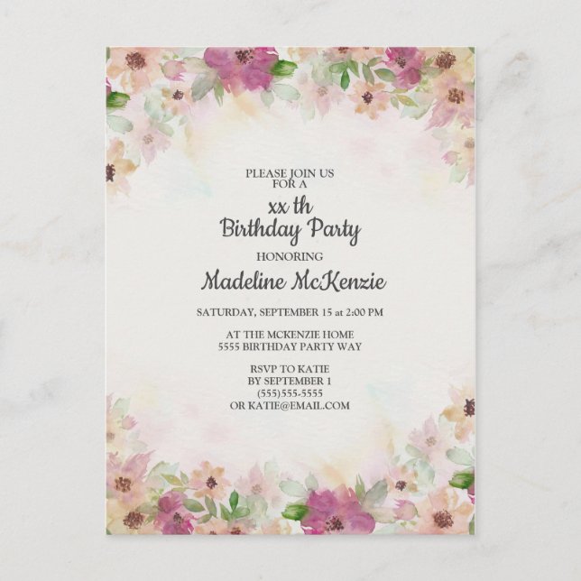 Postal Cumpleaños Floral Acuarela Rosa y Púrpura Delicado (Anverso)