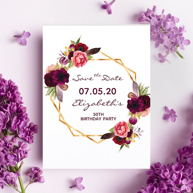 Postal Cumpleaños floral borgoña blanco Salve la fecha (Subido por el creador)