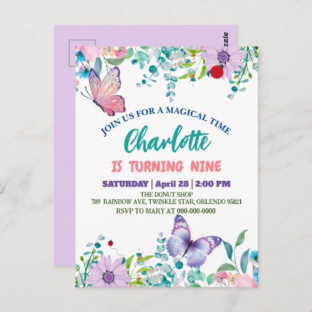 Postal Cumpleaños floral de lunares de mariposa linda (Anverso / Reverso)