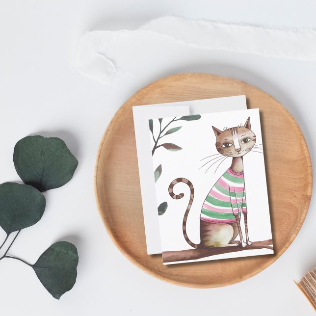 Postal Cumpleaños Gato Divertido con Suéter Acuarela Masc (Front )