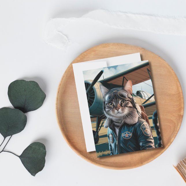 Postal Cumpleaños Gato Piloto Divertido & Avión Aviación  (Subido por el creador)