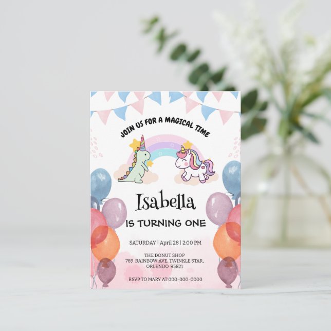 Postal Cumpleaños globo arcoiris Unicornio Dinosaurio lin (Anverso de pie)