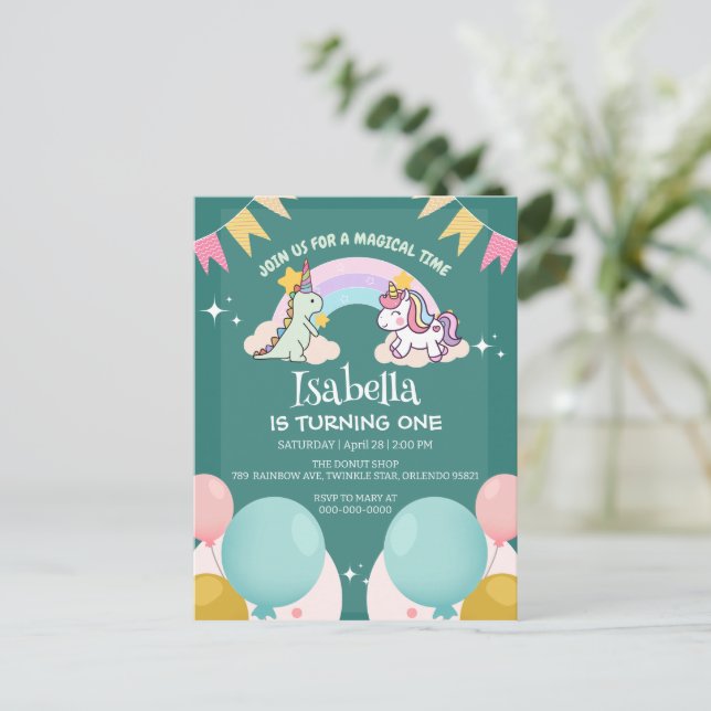 Postal Cumpleaños globo arcoíris Unicornio Dinosaurio lin (Anverso de pie)