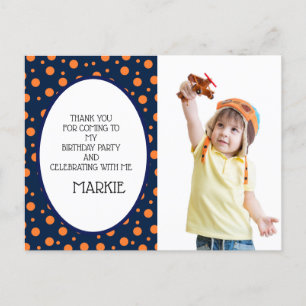 Postal Cumpleaños Gracias de lunares naranja y azul marin