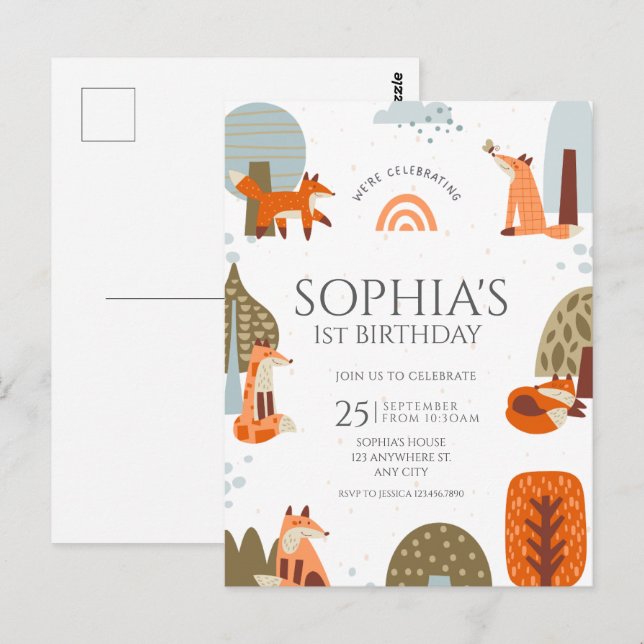 Postal Cumpleaños ilustrado de zorro del bosque lindo (Anverso / Reverso)