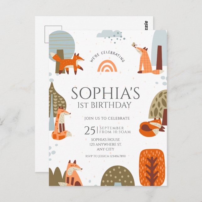 Postal Cumpleaños ilustrado del bosque del zorro lindo (Anverso / Reverso)