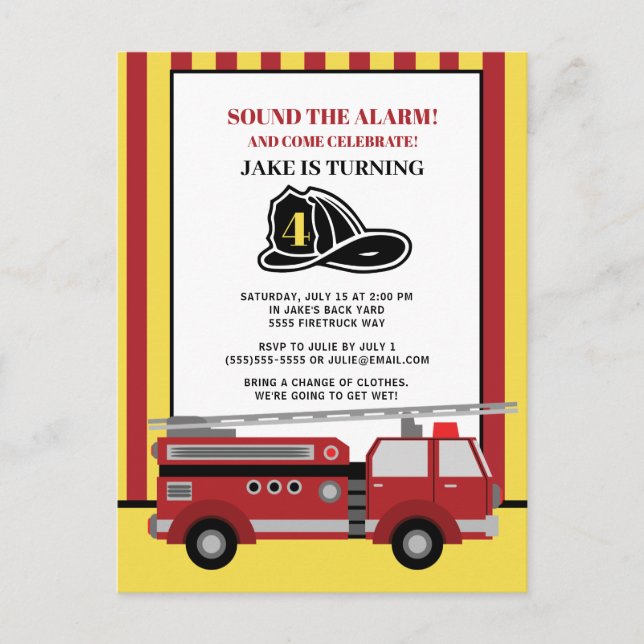 Postal Cumpleaños infantil número 4 con camión de bombero (Anverso)