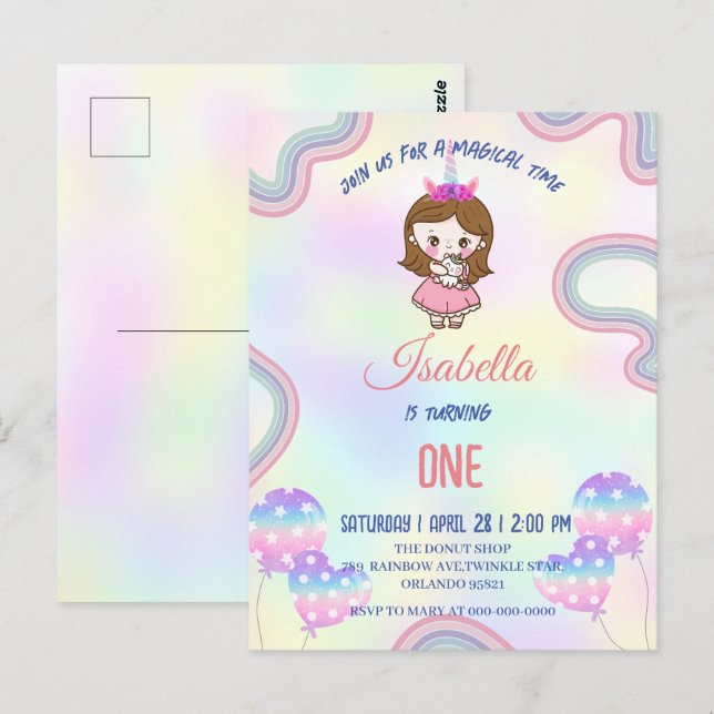 Postal Cumpleaños kawaii rainbow unicorn Fiesta para Chic (Anverso / Reverso)