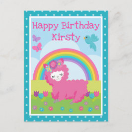 Postal Cumpleaños Llama Rosa Primavera Floral y Arcoíris