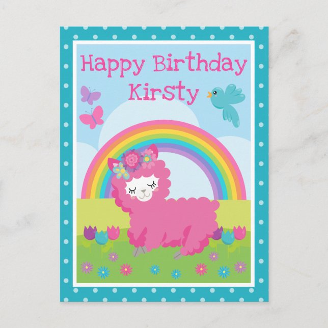 Postal Cumpleaños Llama Rosa Primavera Floral y Arcoíris (Anverso)