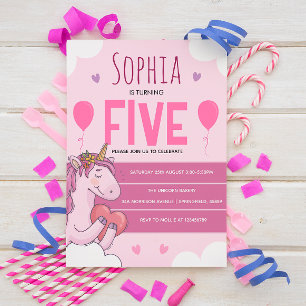 Postal Cumpleaños mágico de unicornio rosa 5 años